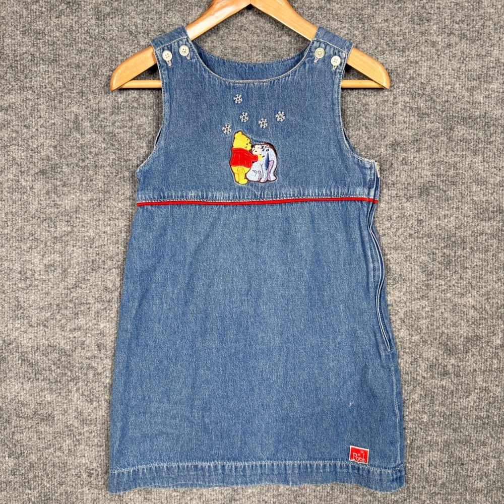 Vtg Y2K Disney Store Girls 4/5 Denim‎ Dress Blue Winnie The Pooh Embroidered